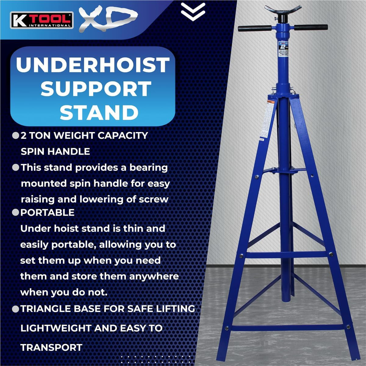 XD61002 2 Ton Automotive under Hoist Tripod Stand for Garages, Repair Shops, and DIY, 4,000Lb. Capacity, Support Range 49"-79.75", Heavy Duty Steel, 24" Base, 3.25" Saddle, Blue