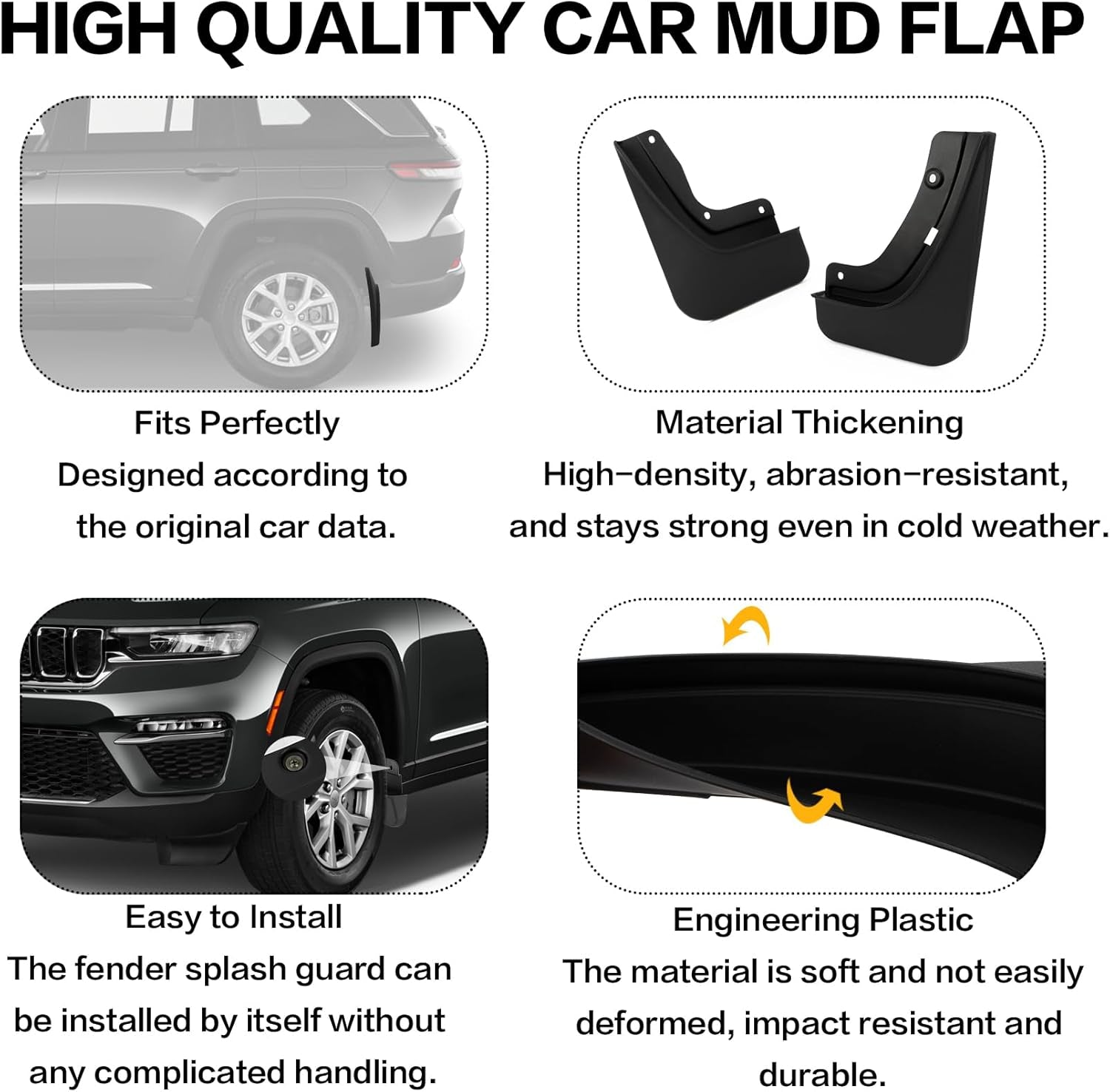 Fit for Grand Cherokee 2024 2025 2022 2023 (Non L) 5 Seats Mud Flaps Set of 4PCS Mud Guard Kit Splash Guards Mudguards Mudflaps with Hardware Kits Accessory Front and Rear