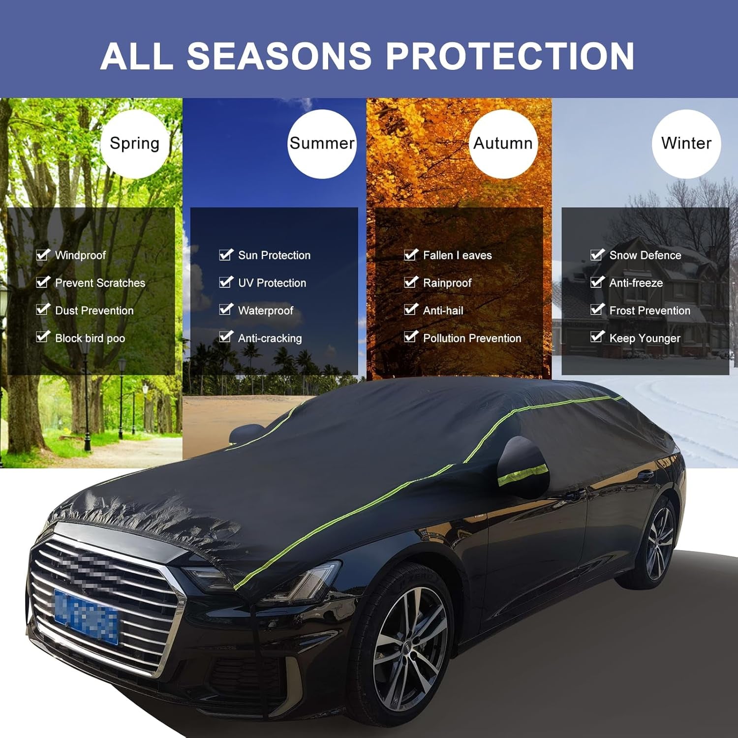 Car Cover 4 Layers Waterproof All Weather Black Half Car Cover Protect Windshield and Roof for Automobiles Outdoor Universal (Fits Sedan 175"-188") by
