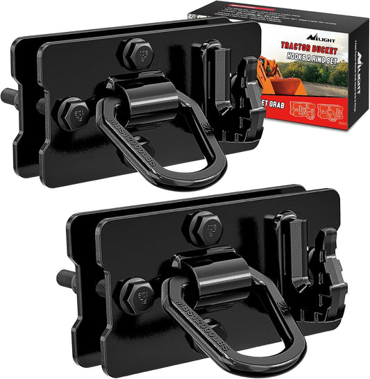 2PCS Tractor Bucket Hooks with Tie down Ring, Bolt-On Grab Hook with Back Plates Compatible with Trailer RV UTV Truck, Grade 70 Grade Forged Steel Max 15000 Lbs, Black