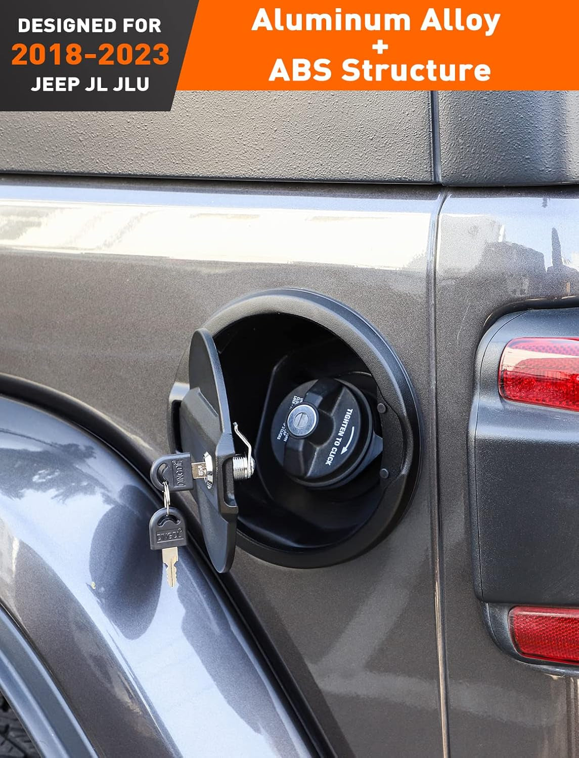 Locking Gas Cap Cover, Fuel Filler Tank Door with Lock Compatible with 2018-2025 Jeep Wrangler JL JLU 4Xe 2 and 4 Door, ABS + Aluminum Alloy Structure, Replacement Accessories, Black