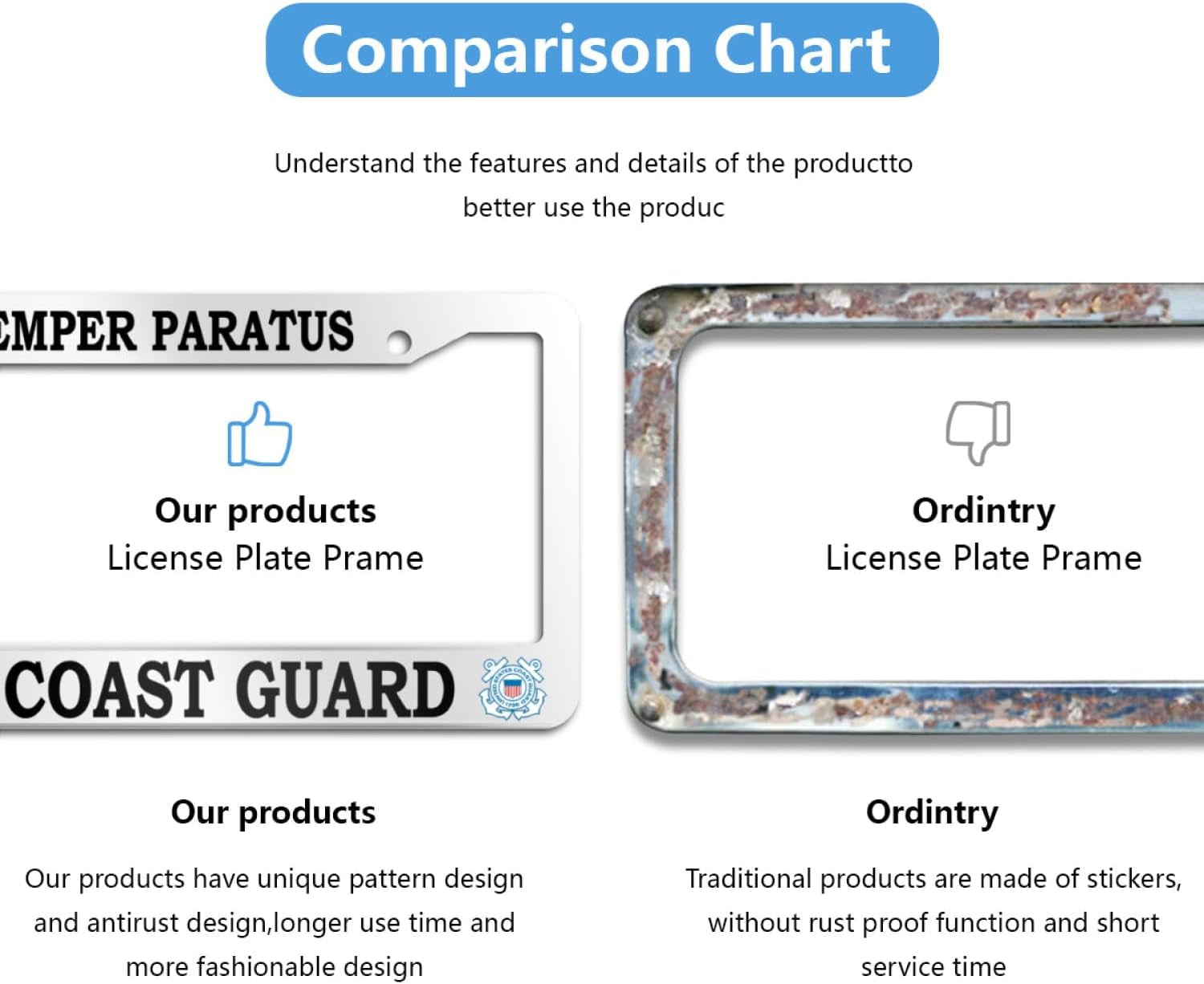 US Coast Guard Semper Paratus License Plate Frame Stainless Steel Car Accessories Personalized License Plate Cover Fits Standard U.S. Vehicles 12 X 6 Inches