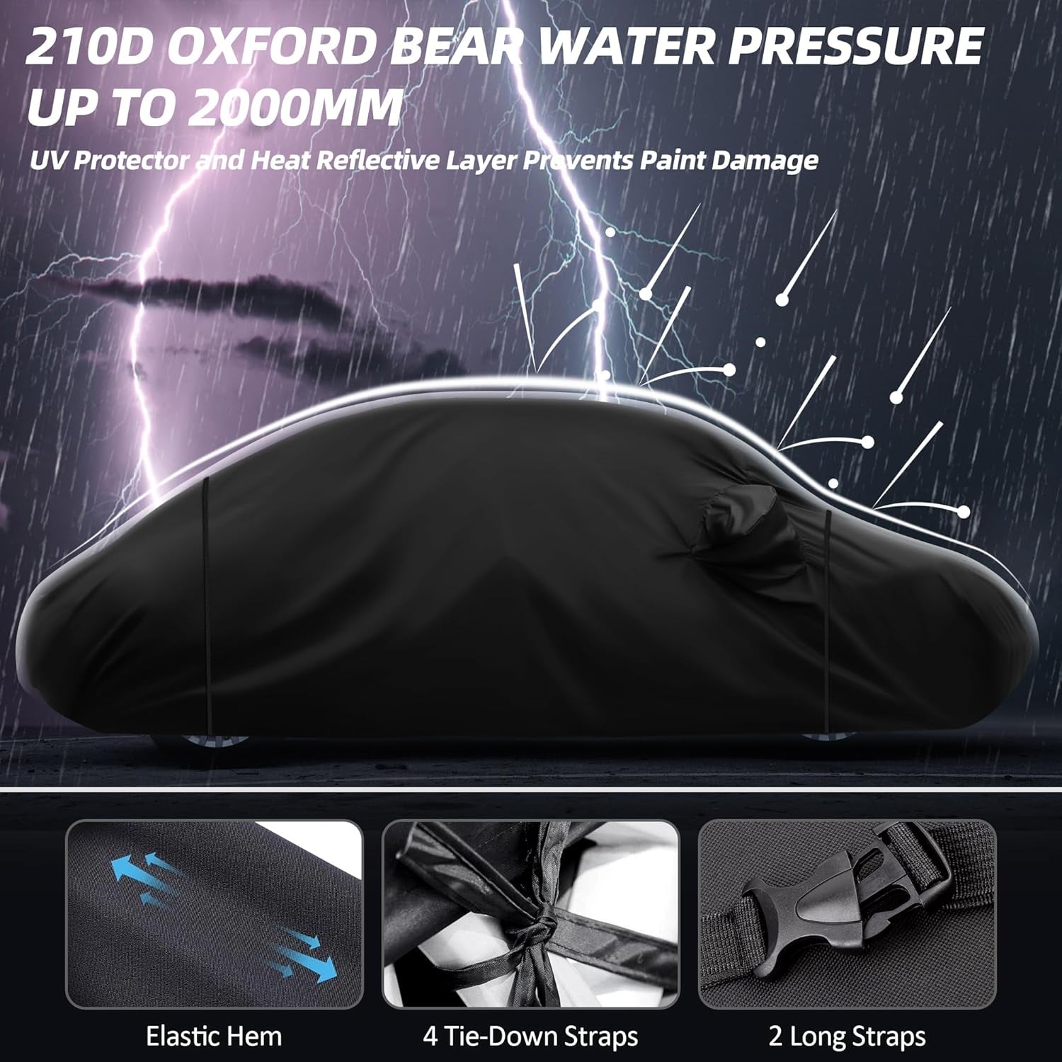 Car Covers for Beetle Bug Sedan 2-Door 1960-1980 Waterproof All Weather Full Car Cover 210D with Door Zipper & Windproof Bands for Snow Rain Dust Hail Protection Black