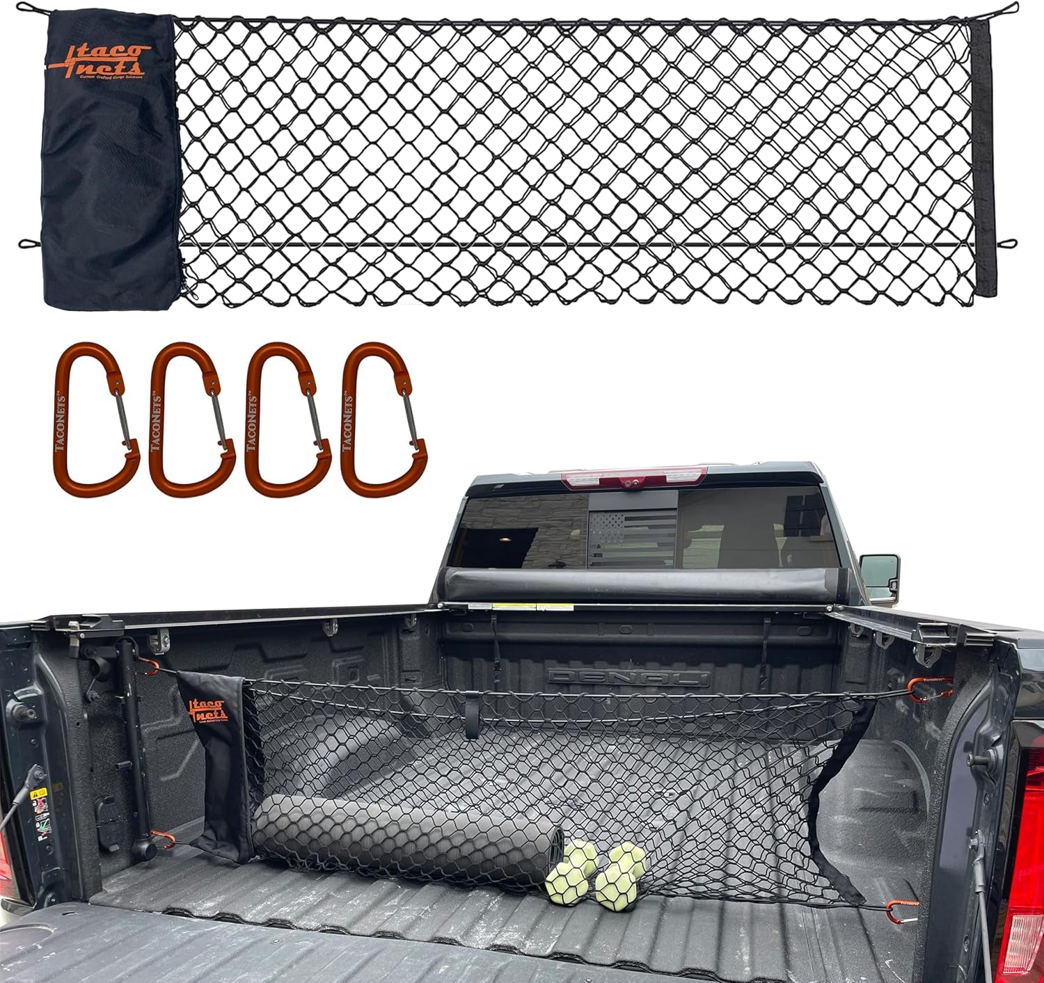Envelope Cargo Net for GMC Sierra & Chevy Silverado - Fits 2013-2025 - Upgraded 5Mm Bungee - Integrated Storage Bag - Heavy Duty Carabiners - Designed in USA - 18" X 50"