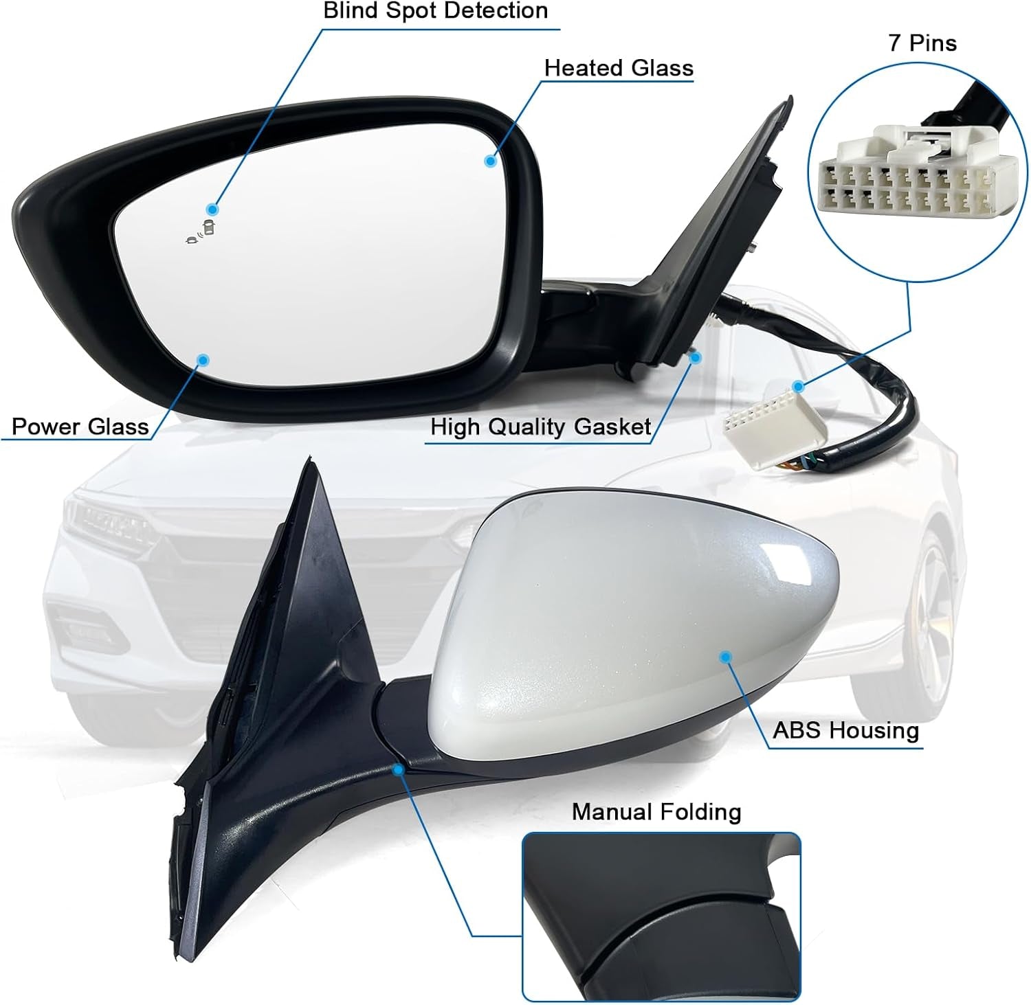 Left Driver Side Mirror Fits 2018-2022 Honda Accord LX, Sport with Power Glass, Heated, Blind Spot Detection and Manual Folding Match to Platinum White Pearl Replace HO1320329 (7Pins)