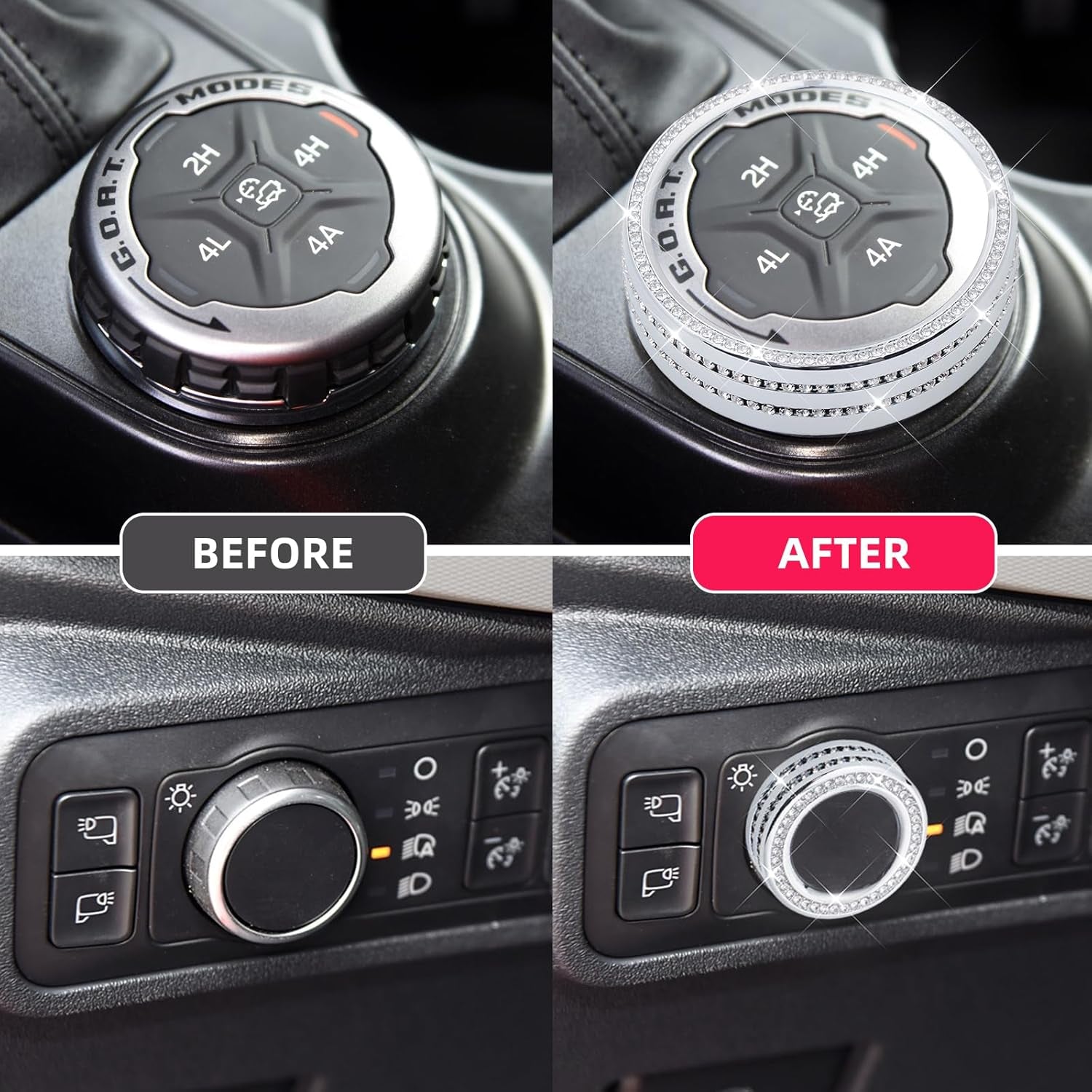 Fit Ford Bronco,Bling 4WD Wheel Drive Trailer Gear Switch Knob Cover and Side Light Switch Knob Cover Crystal Accessories Fit Ford Bronco 2021-2023(Not for Bronco Sport)