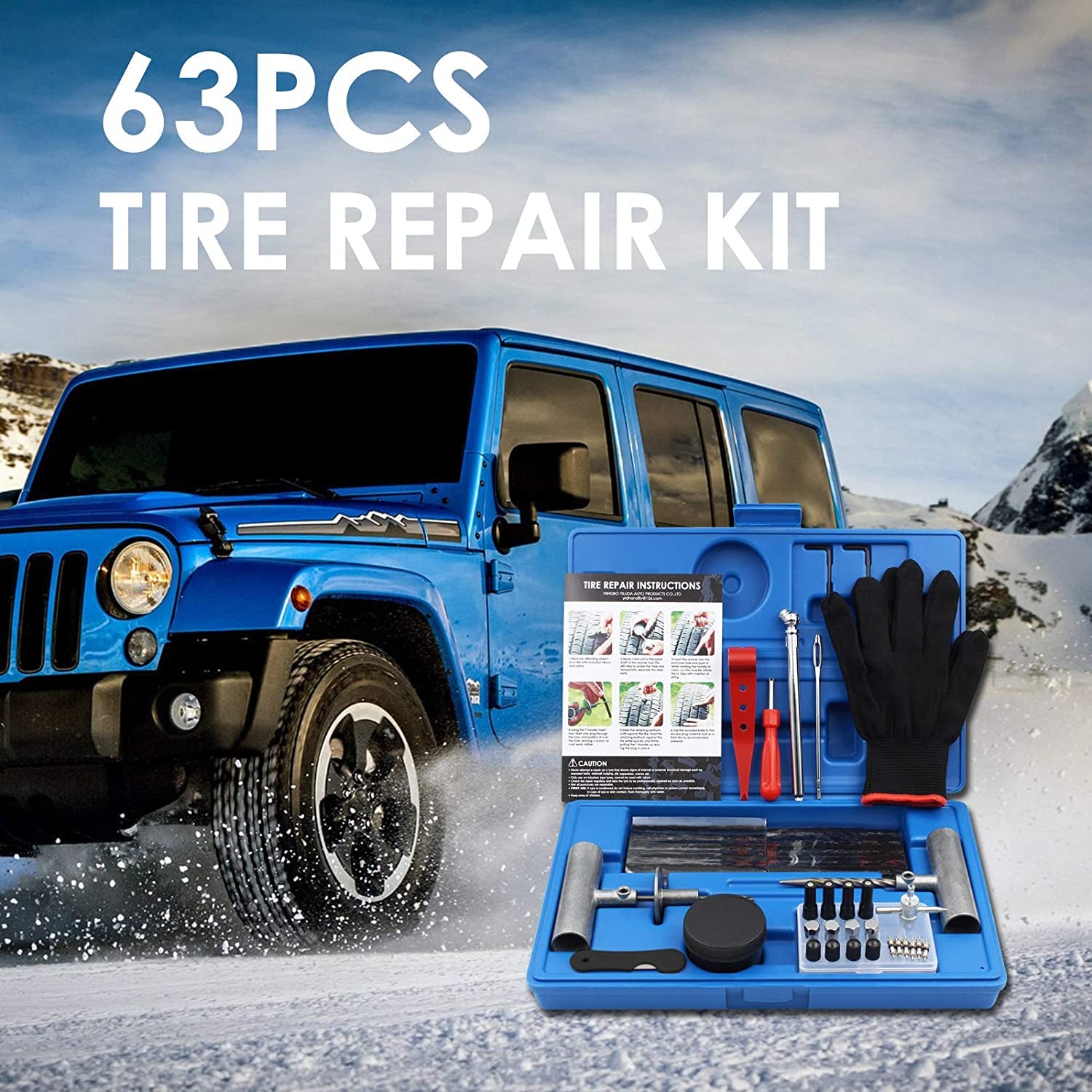 Tyre Repair Kit, 63Pcs Heavy Duty Tire Plug, Universal Repair Tool Kit to Fix Punctures and Plug Flats Tire Patch for Car, Motorcycle, Truck, Tractor, Trailer, ARB, ATV, RV, SUV