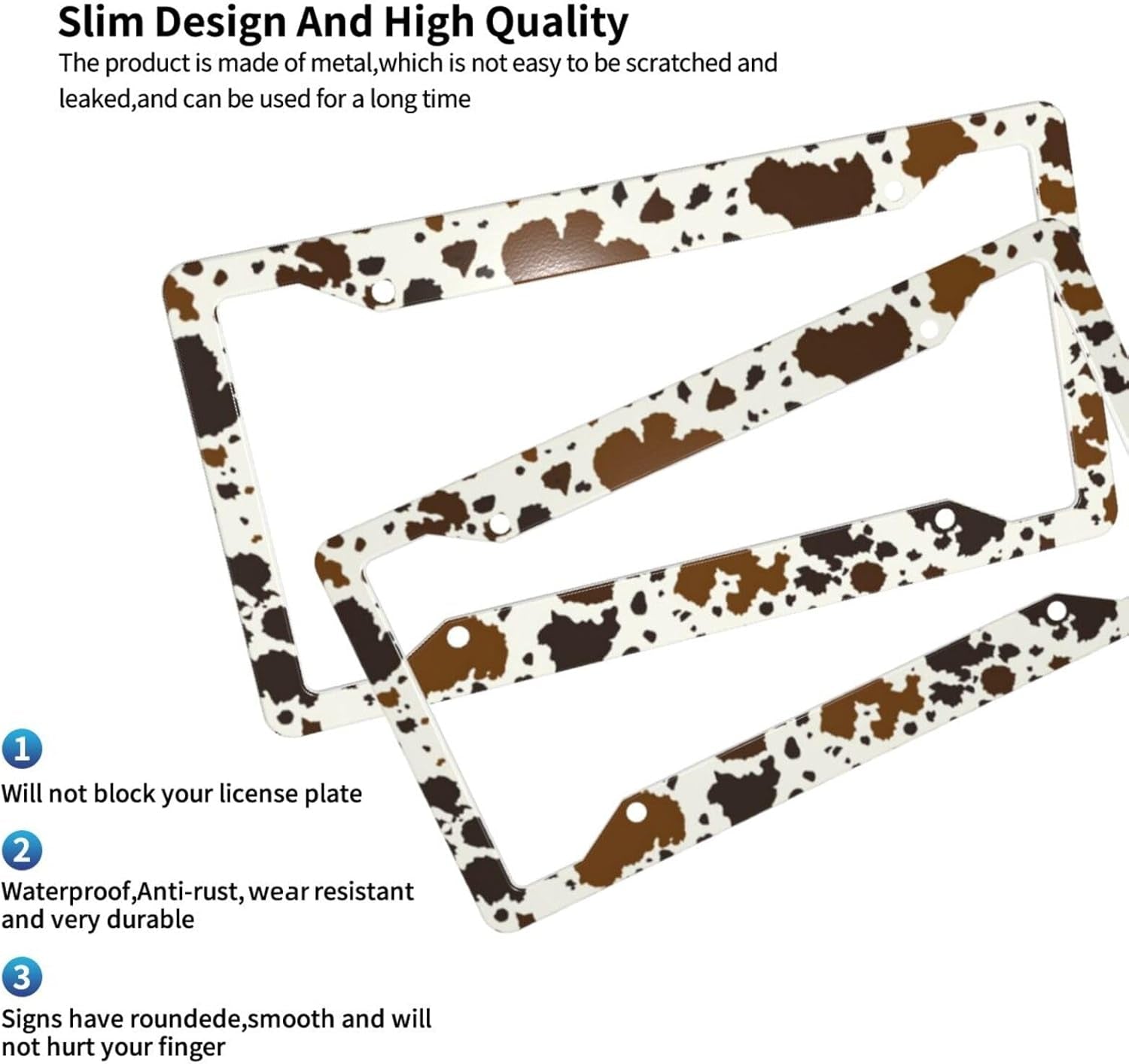 Brown Cow Print License Plate Frame Western Cow Car Accessories Aluminum Metal License Plate Holder, Weather Proof, Rust-Proof Universal Size