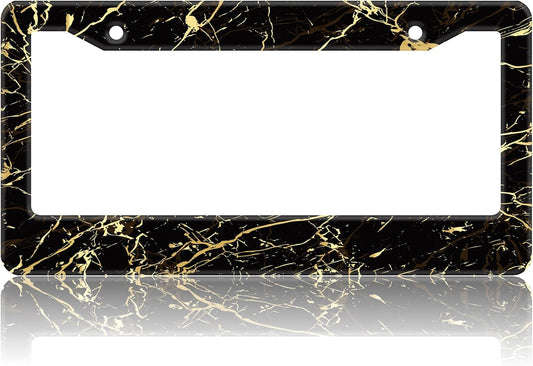 Marble License Plate Frames,Abstract Black and Golden Marble Aluminum Car License Plate Cover Car Tag Frame 2 Holes with Screws for Men and Women,12.3"X 6.3"