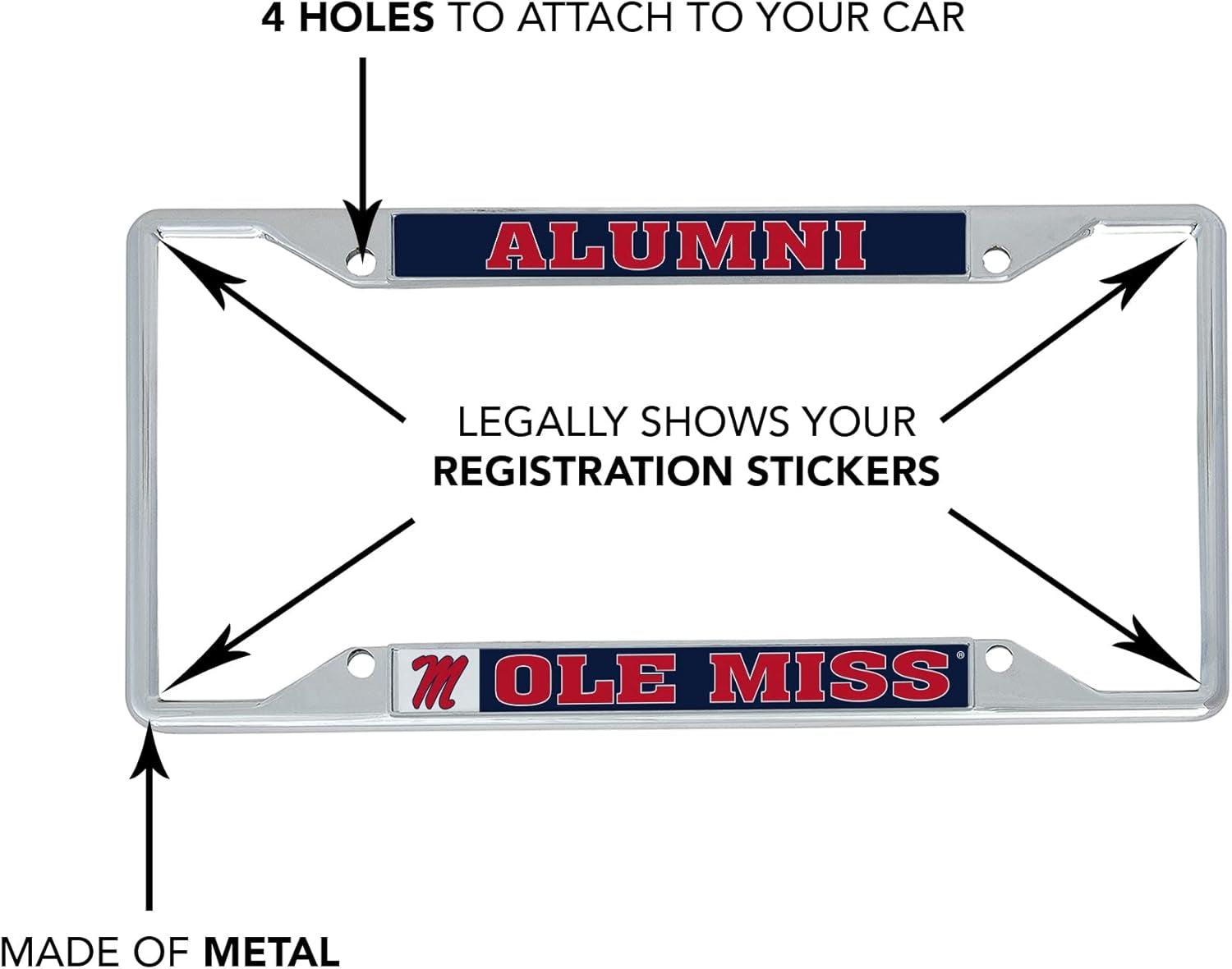 University of Mississippi Rebels Ole Miss U of M Metal License Plate Frame for Front or Back of Car Officially Licensed (Alumni)