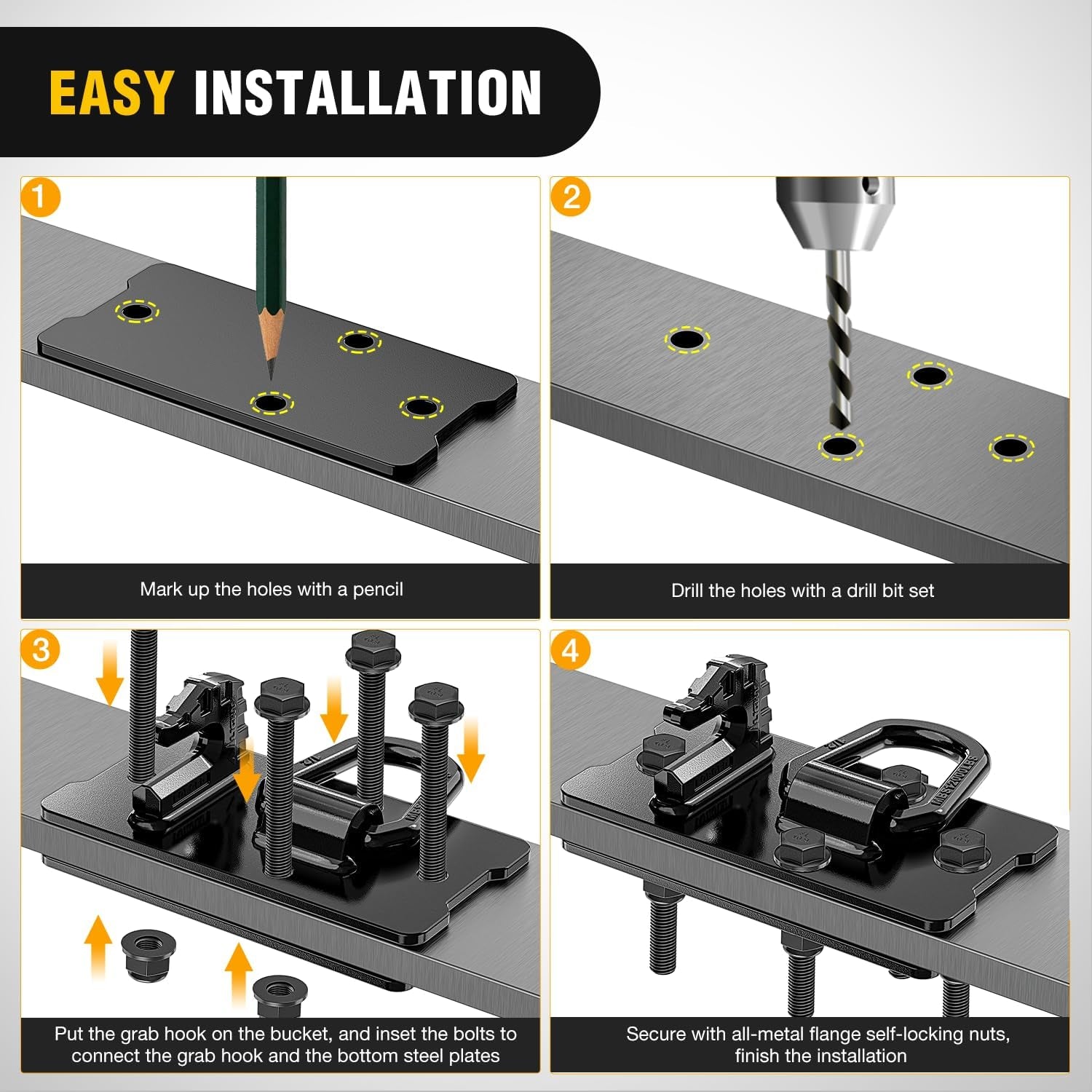 2PCS Tractor Bucket Hooks with Tie down Ring, Bolt-On Grab Hook with Back Plates Compatible with Trailer RV UTV Truck, Grade 70 Grade Forged Steel Max 15000 Lbs, Black