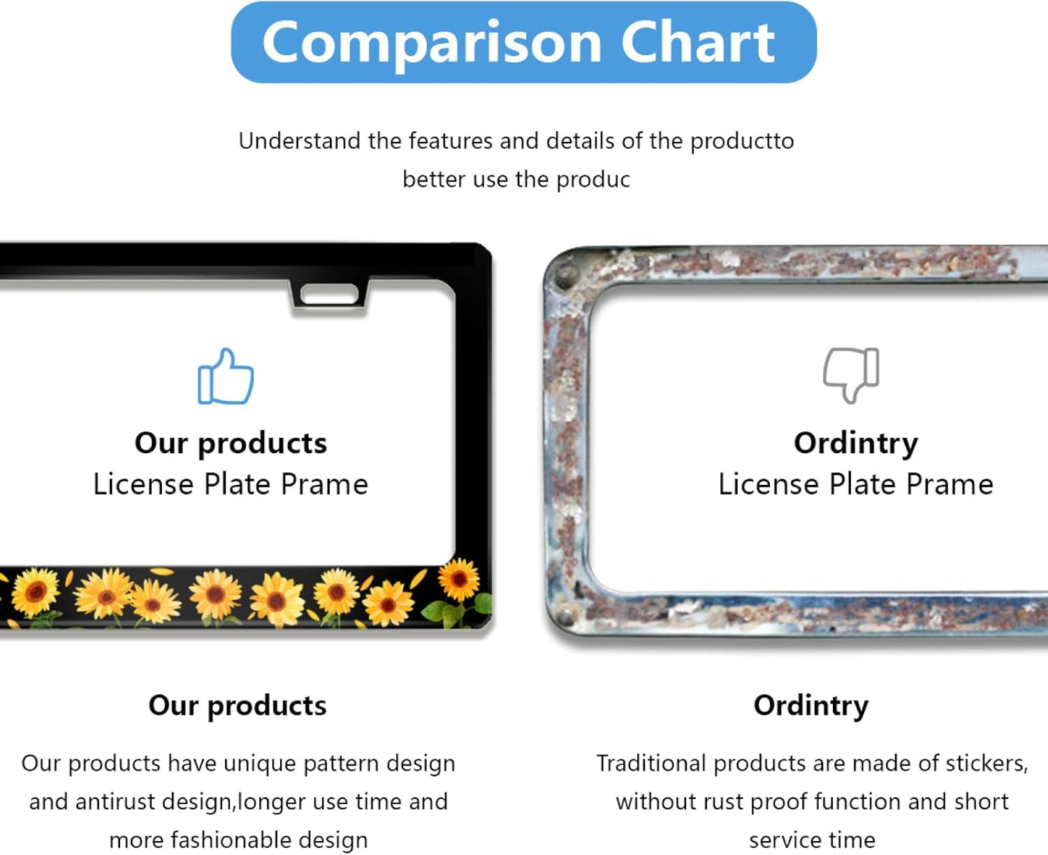 Sunflower License Plate Frame Beautiful Flowers License Plate Frame Floral Stainless Steel for Car Decorative Parts License Plate for Standard Us Canada Holder Unisex 12X6 Inch