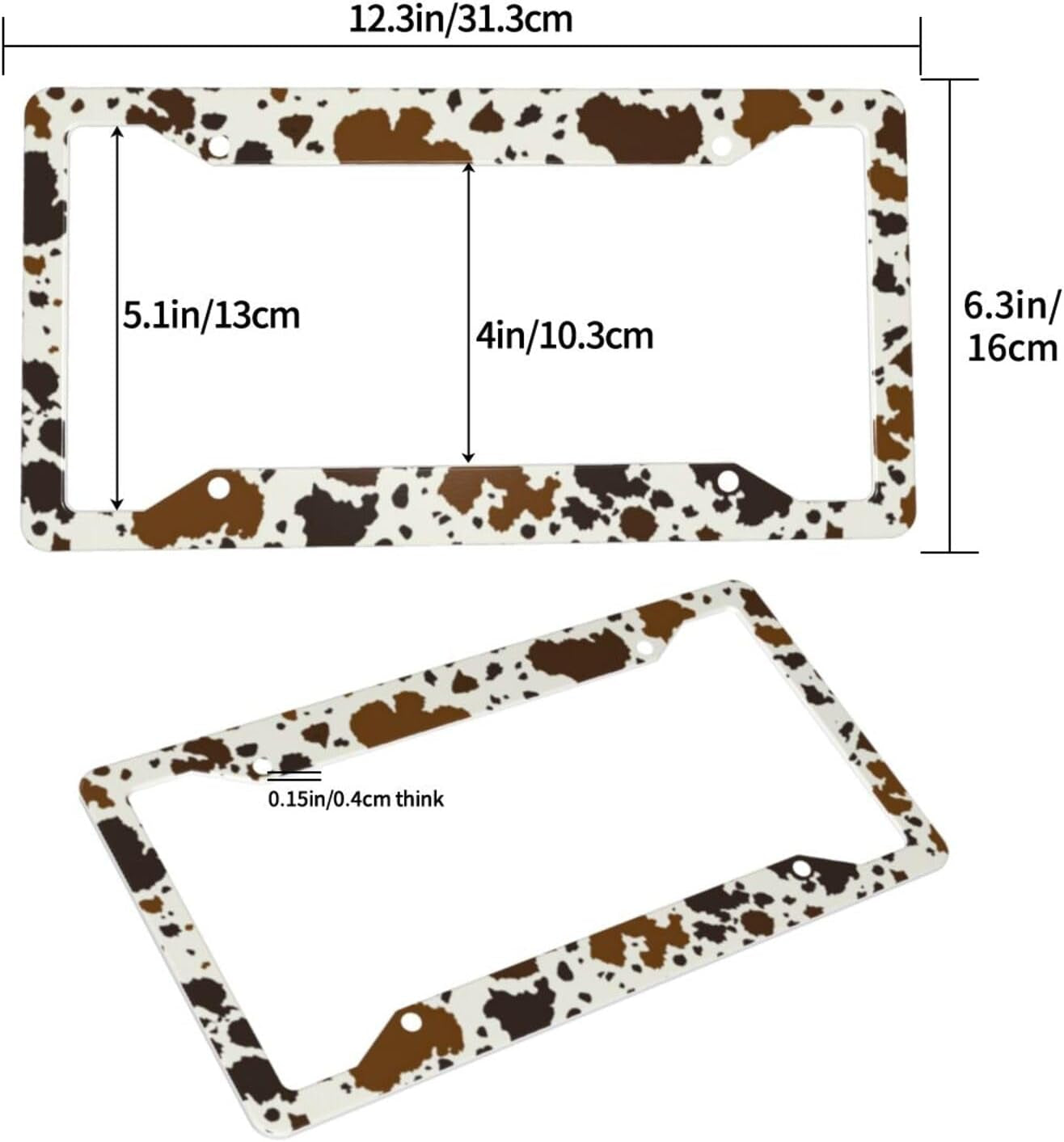 Brown Cow Print License Plate Frame Western Cow Car Accessories Aluminum Metal License Plate Holder, Weather Proof, Rust-Proof Universal Size