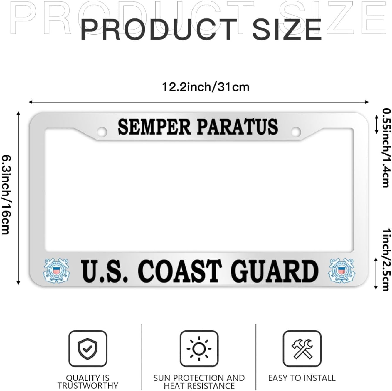 US Coast Guard Semper Paratus License Plate Frame Stainless Steel Car Accessories Personalized License Plate Cover Fits Standard U.S. Vehicles 12 X 6 Inches