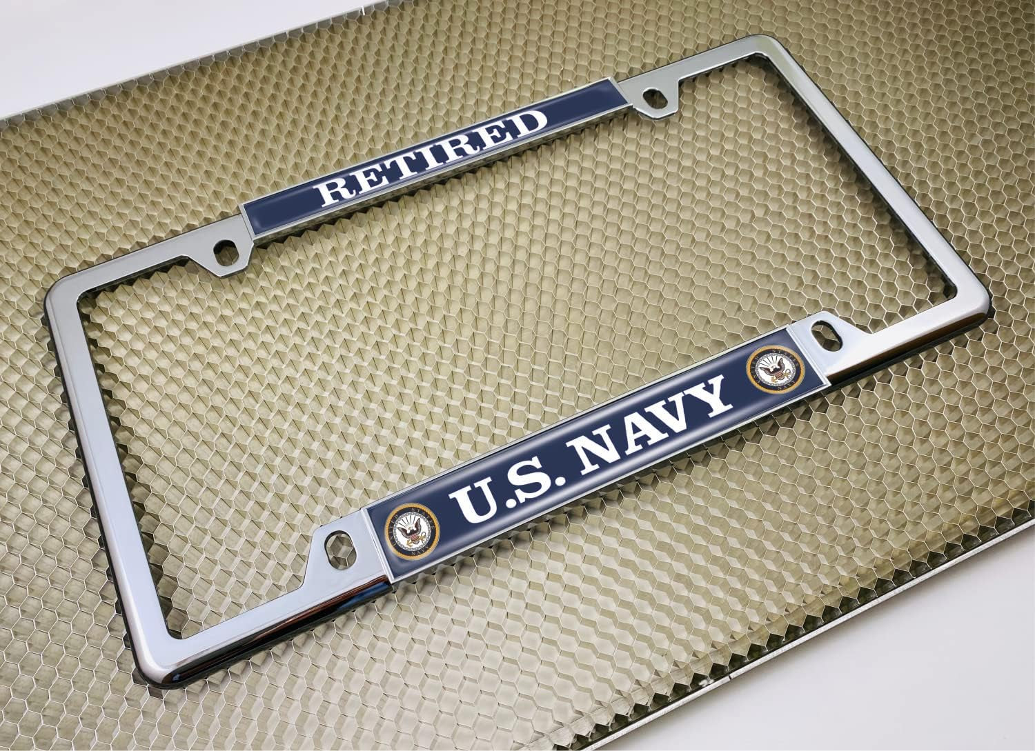 [Officially Licensed Product] - U.S. Navy Retired with Eagle, Anchor Logo - Domed Custom-Made Personalized Narrow (Thin) Top 4 Hole Metal Car License Plate Frame with Free Caps - Chrome (Qty:1 Frame)