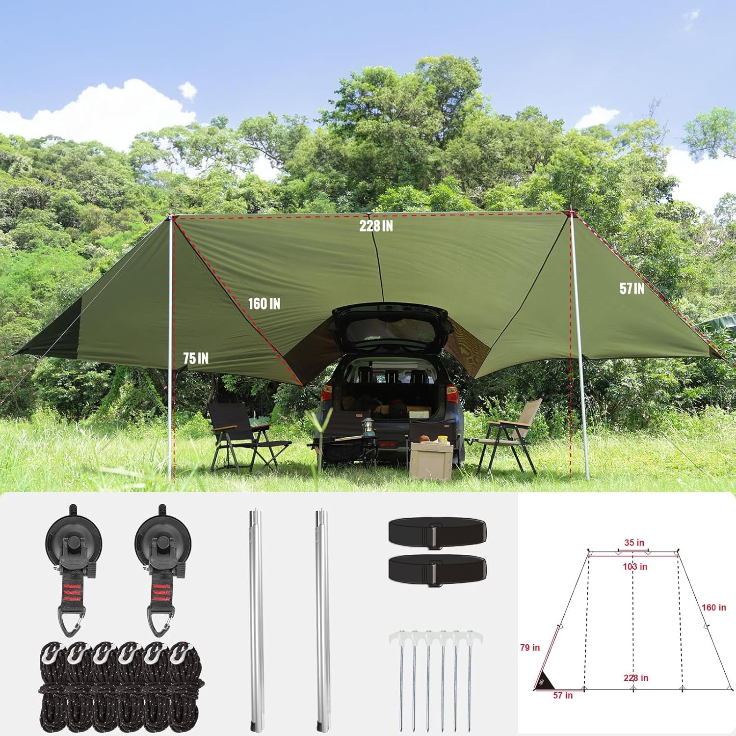 Car Awning Camping Tarp for SUV, Truck Canopy Waterproof 19 X 13.3 X 8.6 FT Tailgate Awning for Camping,Van,Mpv,Jeep