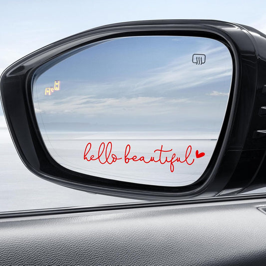 Hello Beautiful Rearview Mirror Decal Car Accessories for Women, Vinyl Rear View Mirror Window Stickers Car Decorations Gifts for Girls Self Affirmations（Red)