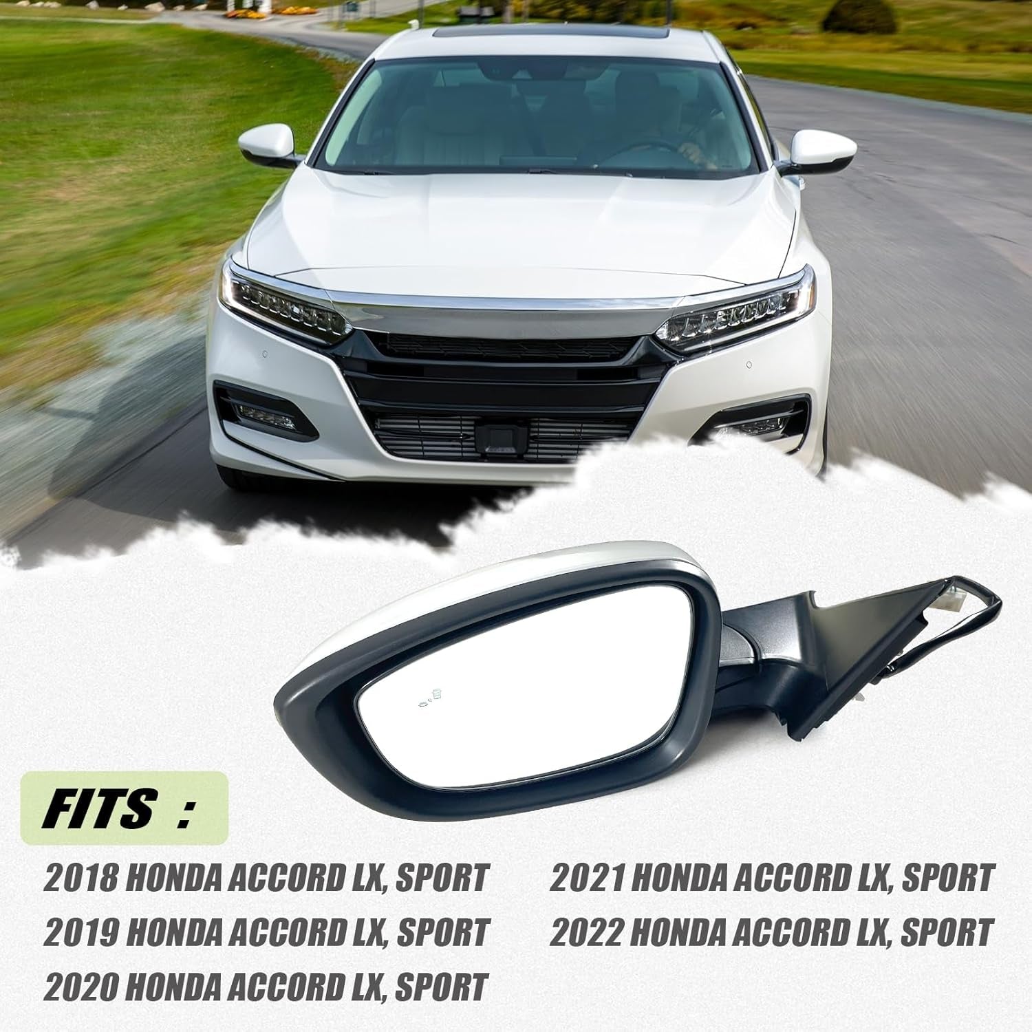 Left Driver Side Mirror Fits 2018-2022 Honda Accord LX, Sport with Power Glass， Heated, Blind Spot Detection and Manual Folding Match to Platinum White Pearl Replace HO1320329 (7Pins)