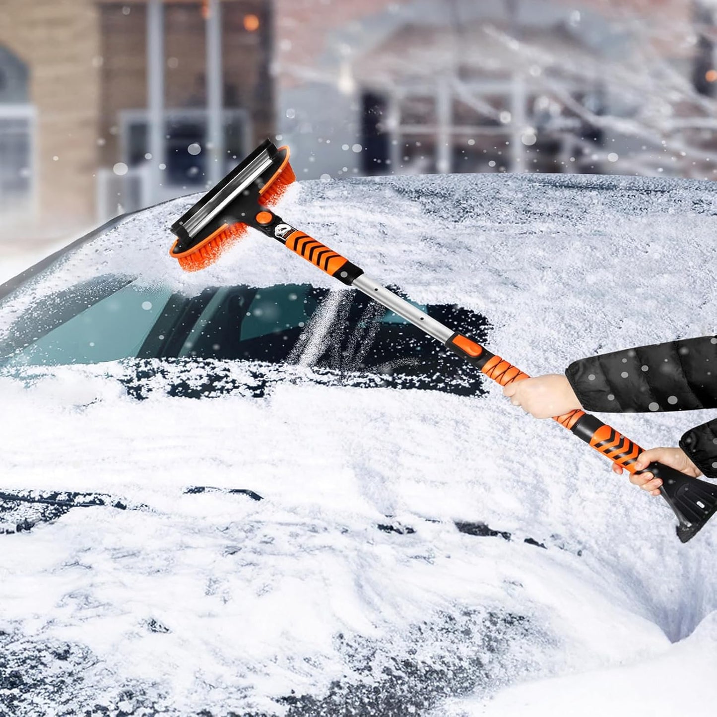 Extendable Ice Scraper and Brush with Squeegee for Car 4 in 1 Emergency Snow Shovel, Ergonomic Foam Grip and 180° Pivoting Brush Head Car Snow Kit for Cars, Trucks, Suvs, Vehicle