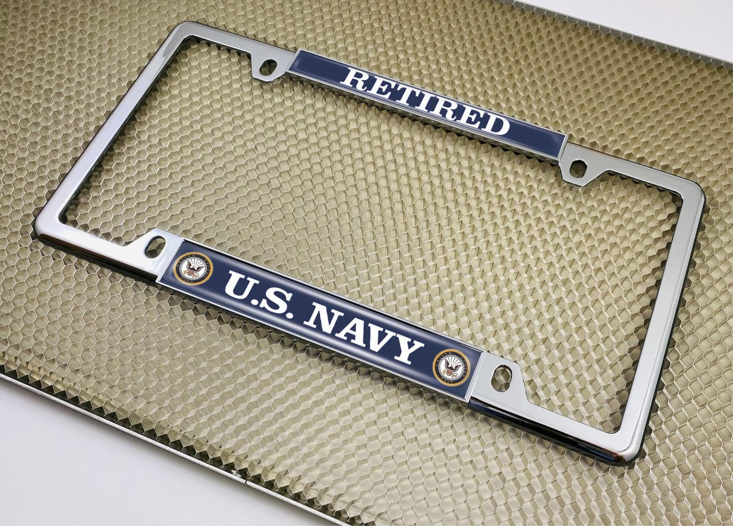 [Officially Licensed Product] - U.S. Navy Retired with Eagle, Anchor Logo - Domed Custom-Made Personalized Narrow (Thin) Top 4 Hole Metal Car License Plate Frame with Free Caps - Chrome (Qty:1 Frame)