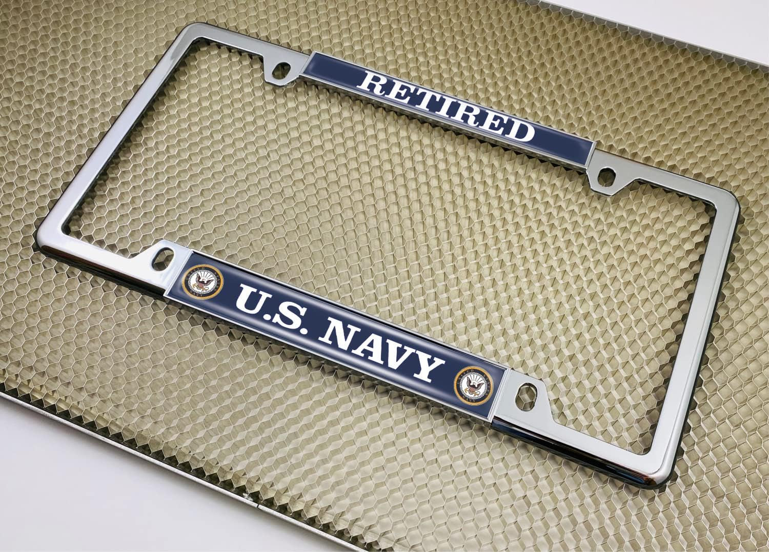 [Officially Licensed Product] - U.S. Navy Retired with Eagle, Anchor Logo - Domed Custom-Made Personalized Narrow (Thin) Top 4 Hole Metal Car License Plate Frame with Free Caps - Chrome (Qty:1 Frame)