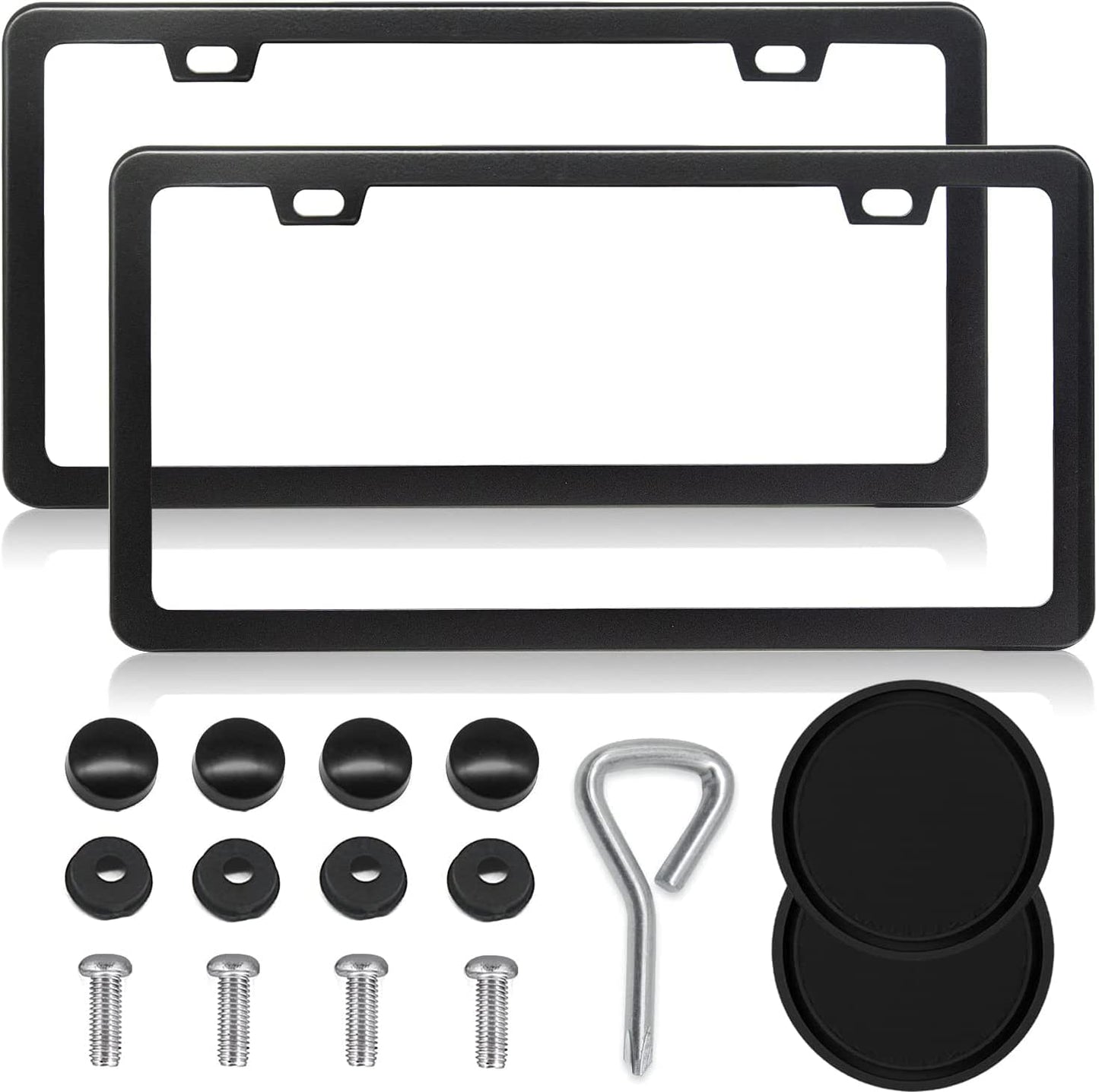 Black License Plate Frames, 2 Hole License Plate Frame, 2PCS Black License Plate Holders with Coasters, Universal Thin Stainless Steel Rust-Proof Car Plate Cover Included Screw Accessories