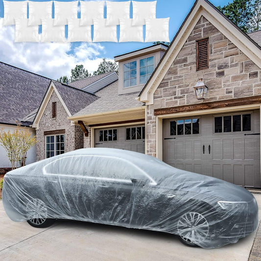 12 Pack Universal Plastic Car Cover Disposable Clear Car Cover with Elastic Band Waterproof Dustproof Car Protective Cover 12.5 X 21.3 Ft Full Exterior Transparent Car Protector for Sedan