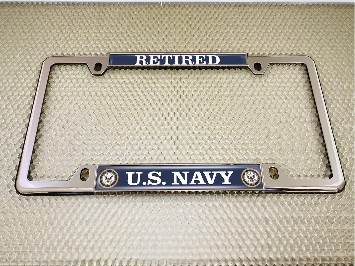 [Officially Licensed Product] - U.S. Navy Retired with Eagle, Anchor Logo - Domed Custom-Made Personalized Narrow (Thin) Top 4 Hole Metal Car License Plate Frame with Free Caps - Chrome (Qty:1 Frame)