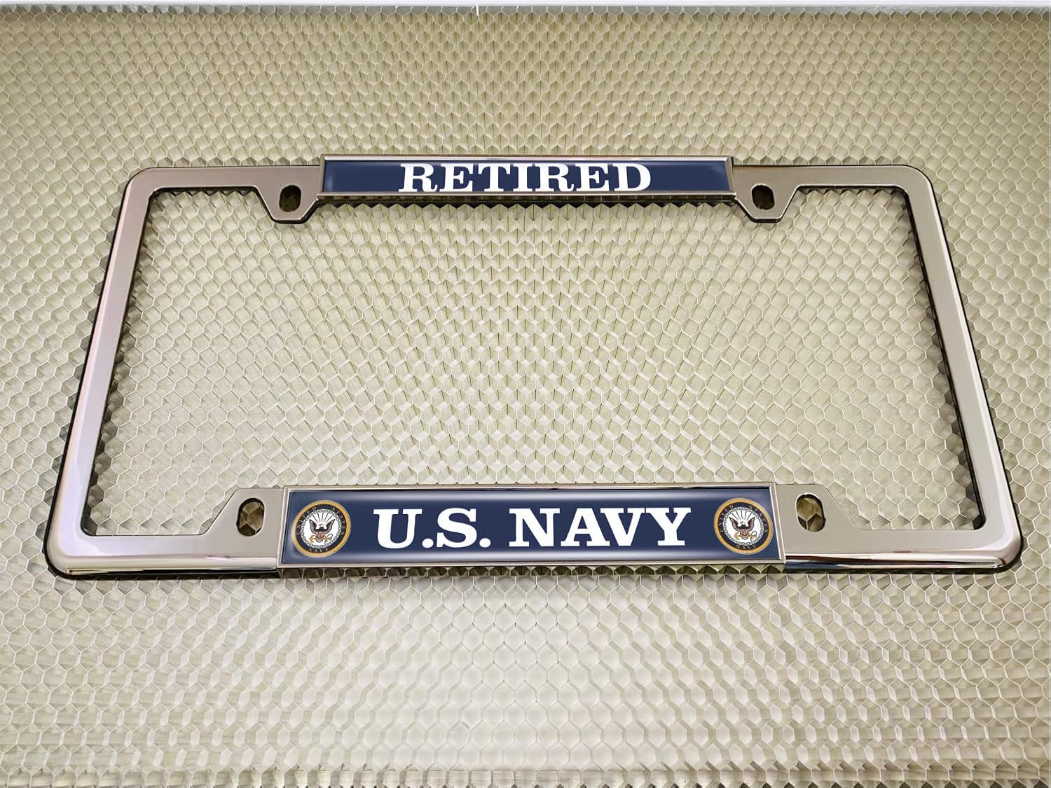 [Officially Licensed Product] - U.S. Navy Retired with Eagle, Anchor Logo - Domed Custom-Made Personalized Narrow (Thin) Top 4 Hole Metal Car License Plate Frame with Free Caps - Chrome (Qty:1 Frame)