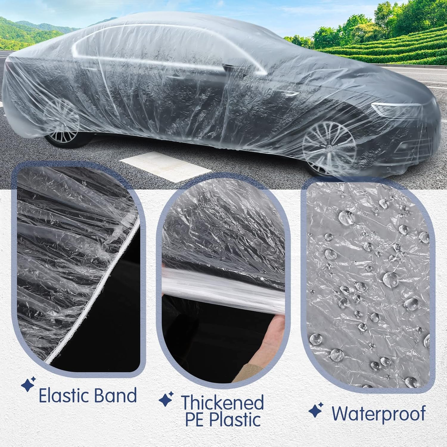 12 Pack Universal Plastic Car Cover Disposable Clear Car Cover with Elastic Band Waterproof Dustproof Car Protective Cover 12.5 X 21.3 Ft Full Exterior Transparent Car Protector for Sedan
