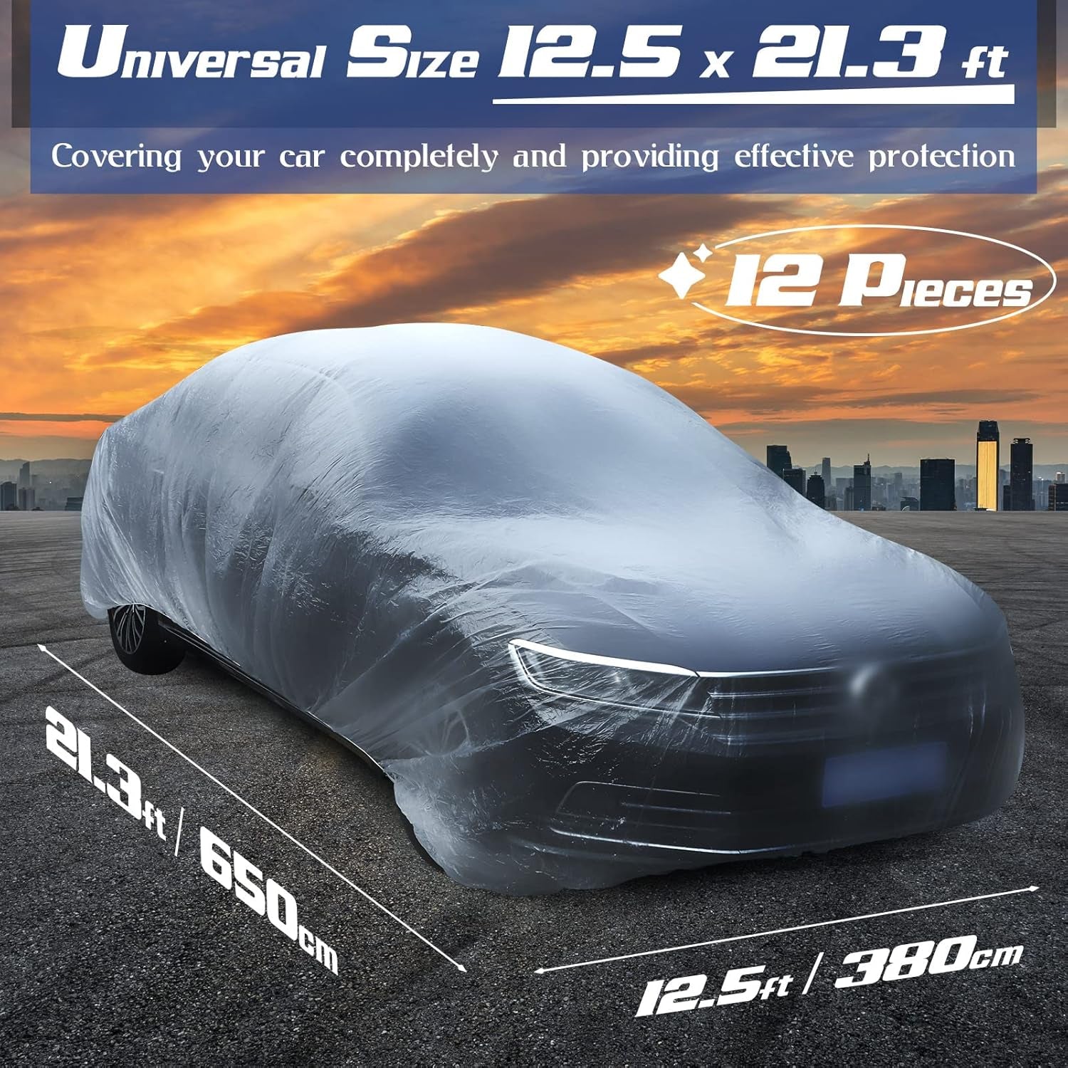 12 Pack Universal Plastic Car Cover Disposable Clear Car Cover with Elastic Band Waterproof Dustproof Car Protective Cover 12.5 X 21.3 Ft Full Exterior Transparent Car Protector for Sedan