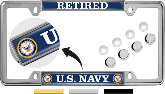 [Officially Licensed Product] - U.S. Navy Retired with Eagle, Anchor Logo - Domed Custom-Made Personalized Narrow (Thin) Top 4 Hole Metal Car License Plate Frame with Free Caps - Chrome (Qty:1 Frame)