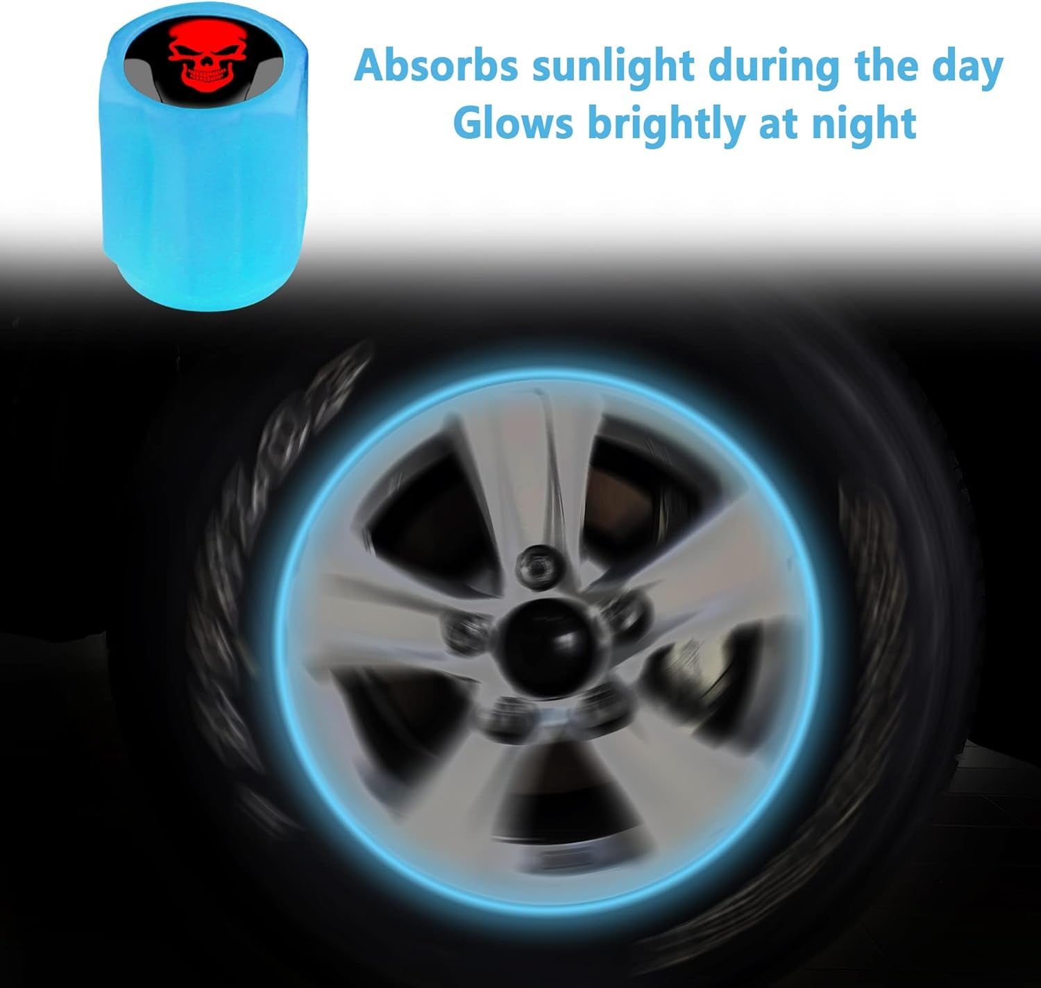 16PCS Fluorescent Tire Valve Stem Caps,Luminous Auto Wheel Air Valve Cap,Universal Decoration Accessories for Car/Suv/Bicycle/Trucks/Motorcycles,Cool Car Gifts (Skull/Blue-16Pcs)
