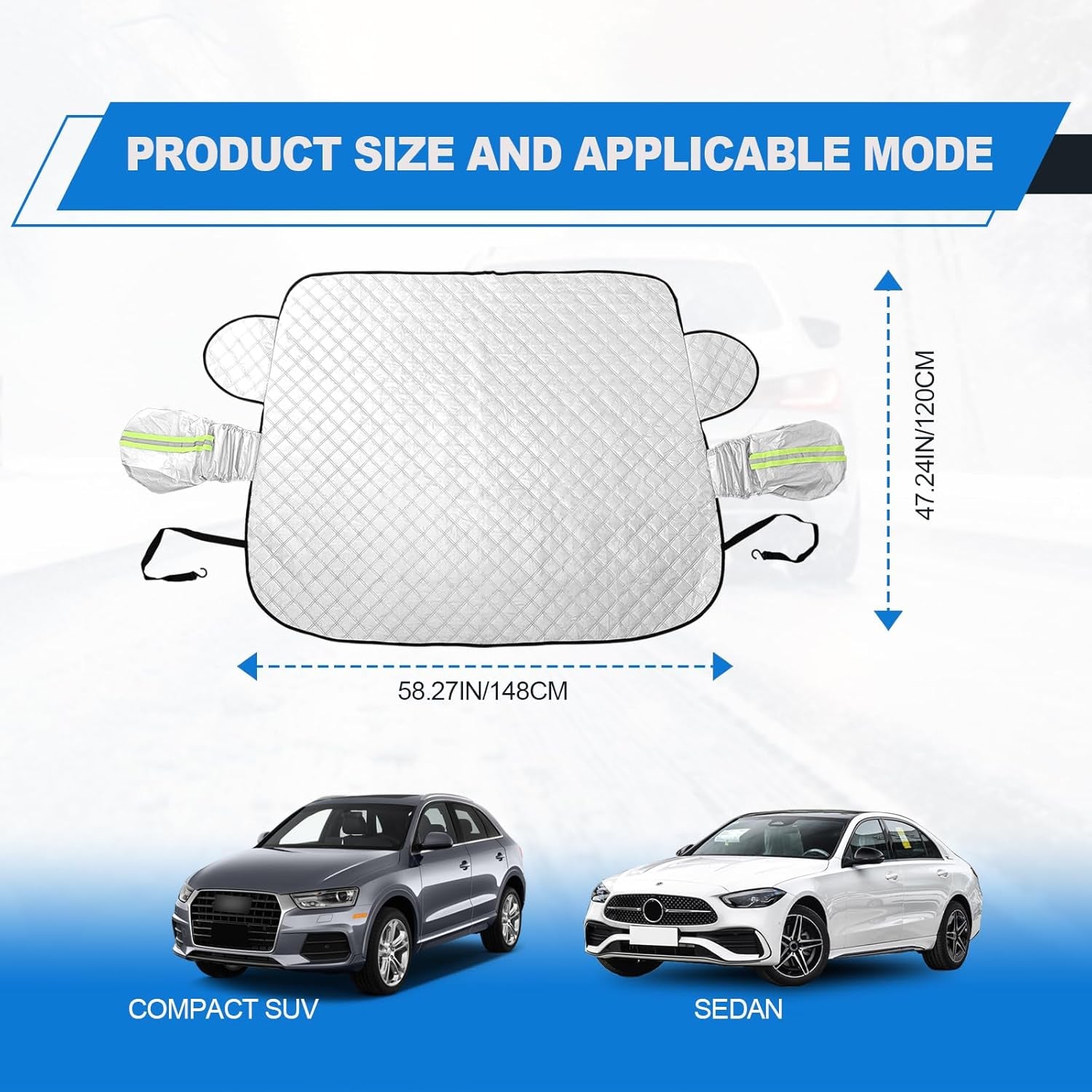 Car Magnetic Windshield Snow Cover, Heavy Duty Ultra Thick Protective Windscreen Cover 4-Layer Protection for Snow, Ice, UV & Frost Wiper Mirror Universal for Sedan, Small Suv(Silver)