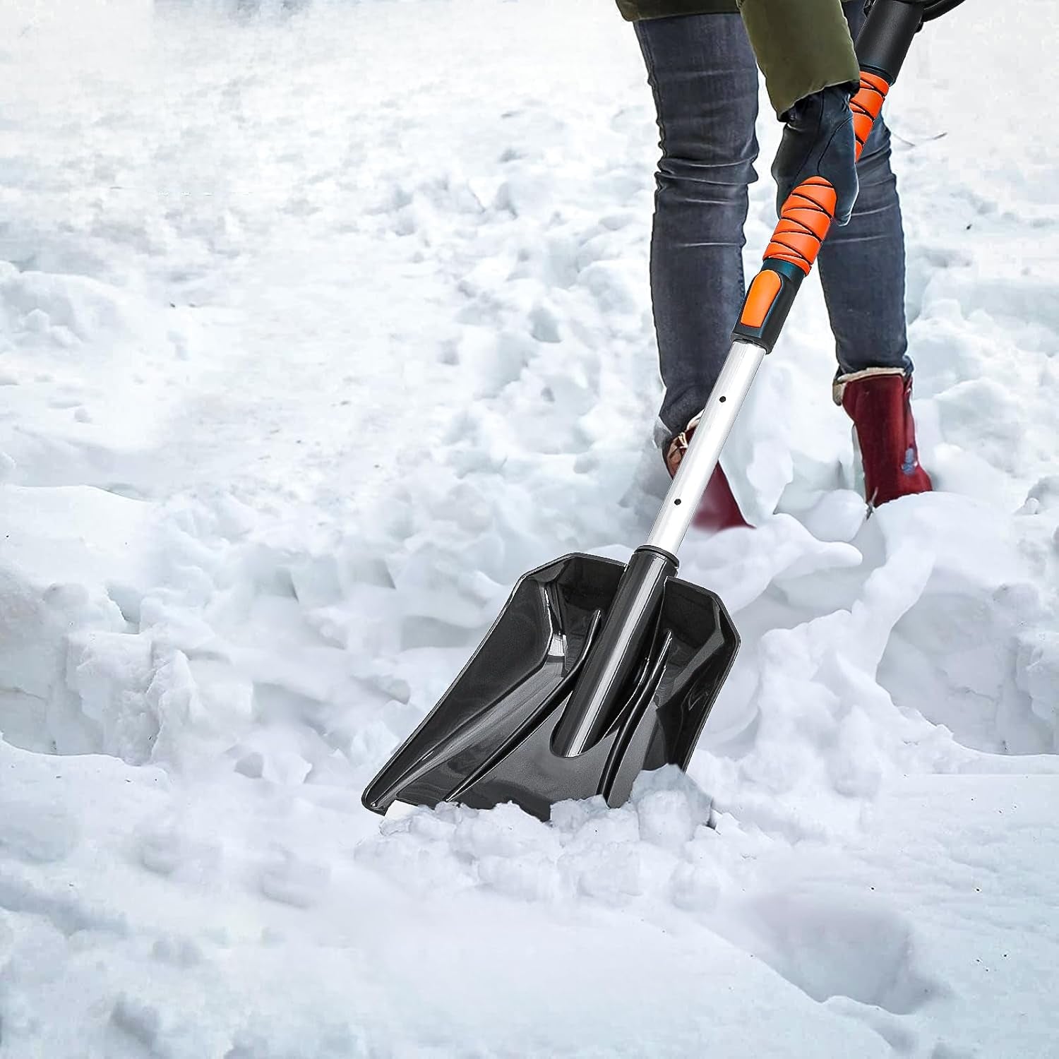 Extendable Ice Scraper and Brush with Squeegee for Car 4 in 1 Emergency Snow Shovel, Ergonomic Foam Grip and 180° Pivoting Brush Head Car Snow Kit for Cars, Trucks, Suvs, Vehicle