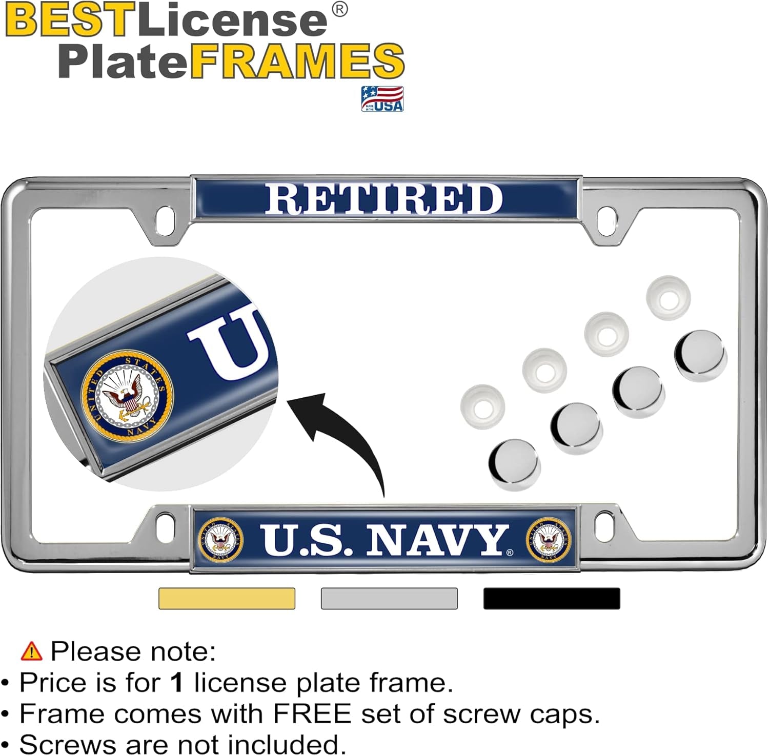 [Officially Licensed Product] - U.S. Navy Retired with Eagle, Anchor Logo - Domed Custom-Made Personalized Narrow (Thin) Top 4 Hole Metal Car License Plate Frame with Free Caps - Chrome (Qty:1 Frame)