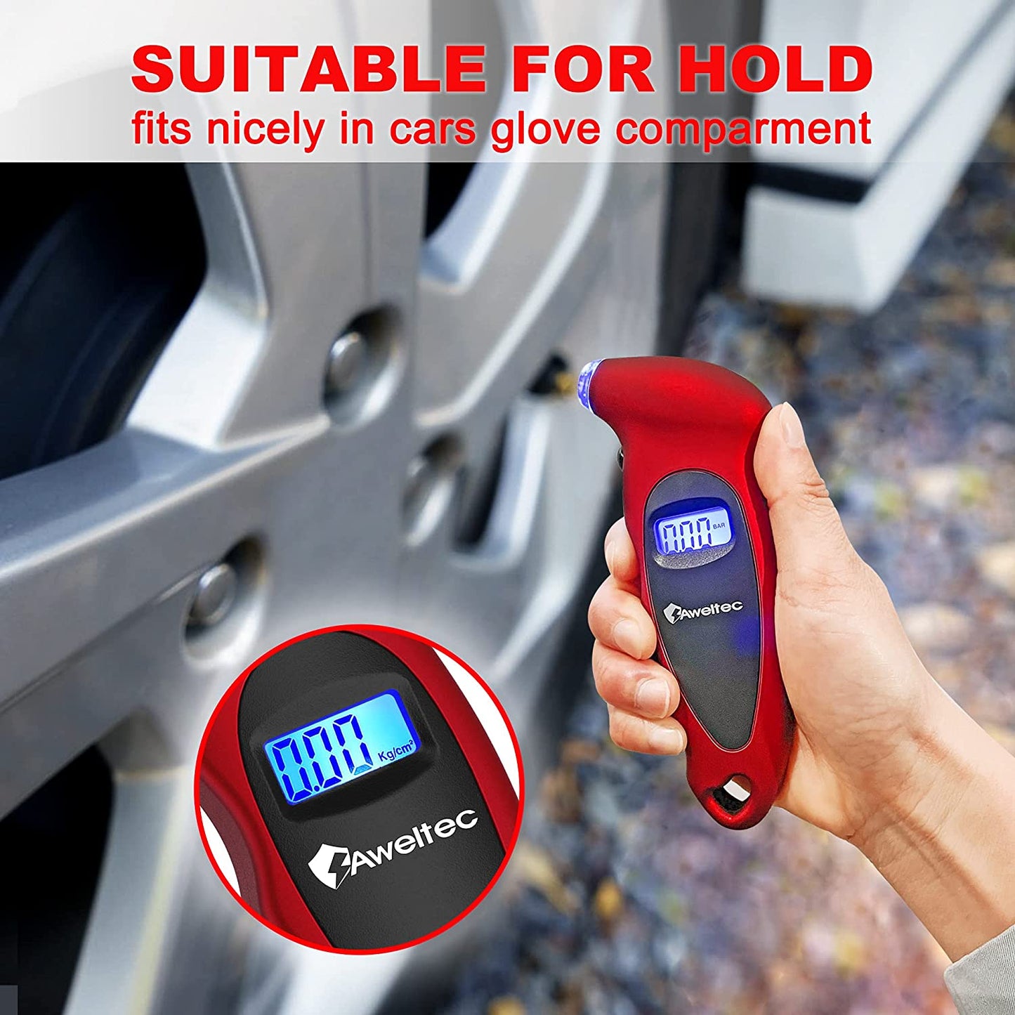 Digital Tire Pressure Gauge 150 PSI, 4 Settings, Tire Gauge for Car, Truck, Motorcycle, Bicycle with Backlit LCD and Non-Slip Grip (Red)