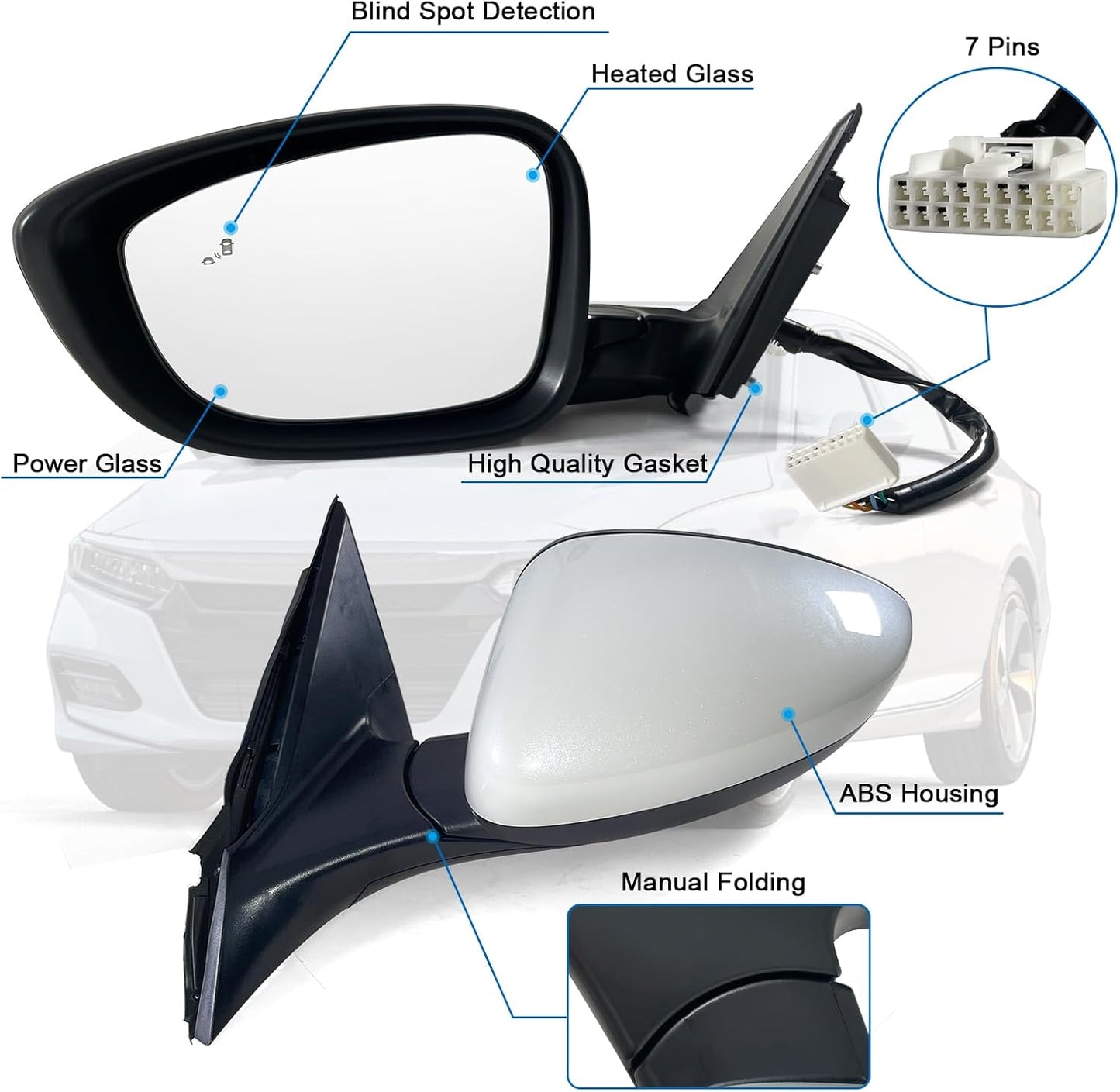 Left Driver Side Mirror Fits 2018-2022 Honda Accord LX, Sport with Power Glass， Heated, Blind Spot Detection and Manual Folding Match to Platinum White Pearl Replace HO1320329 (7Pins)