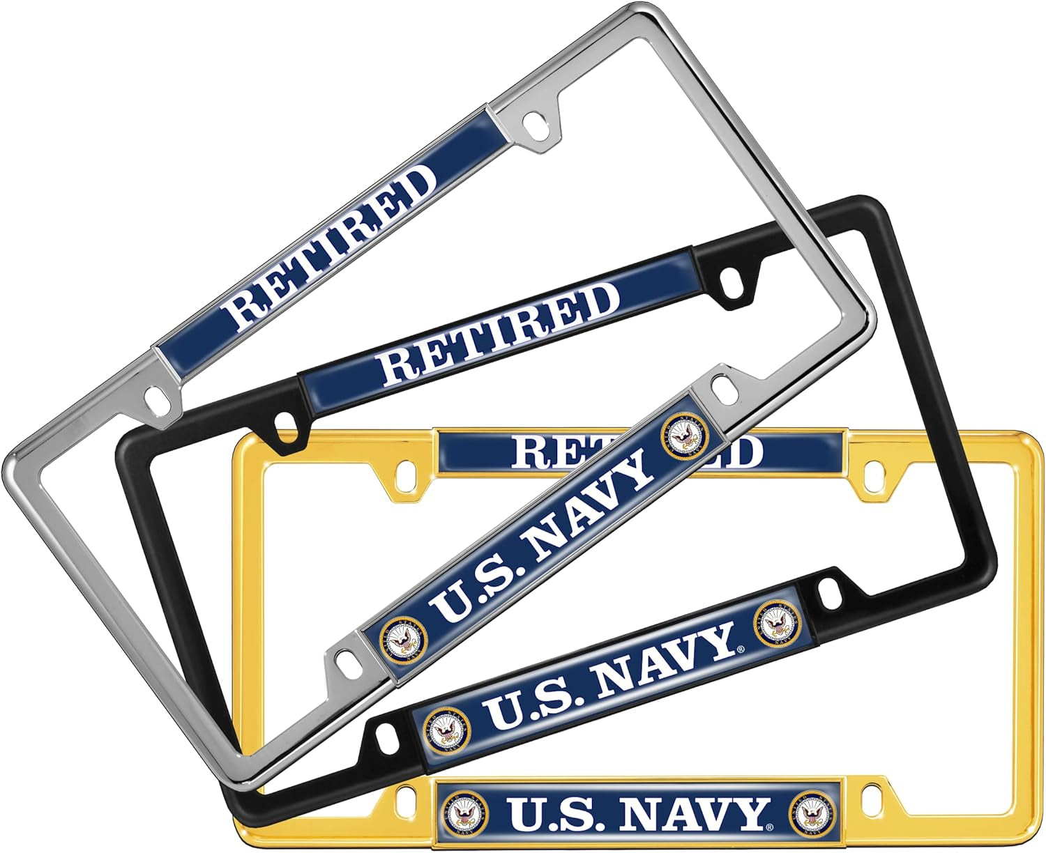 [Officially Licensed Product] - U.S. Navy Retired with Eagle, Anchor Logo - Domed Custom-Made Personalized Narrow (Thin) Top 4 Hole Metal Car License Plate Frame with Free Caps - Chrome (Qty:1 Frame)